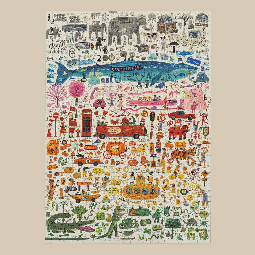 Puzzle of various animals and objects on a white background