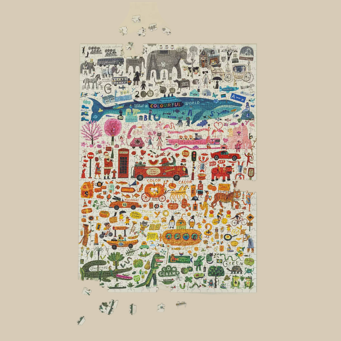 Colorful illustration of various objects on a beige background