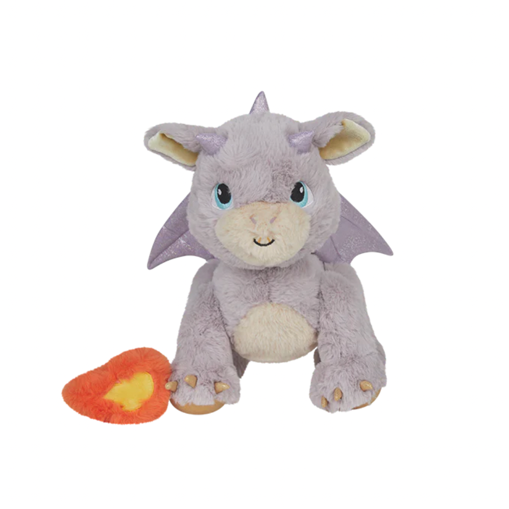 Plush dragon toy with a flame on a white background