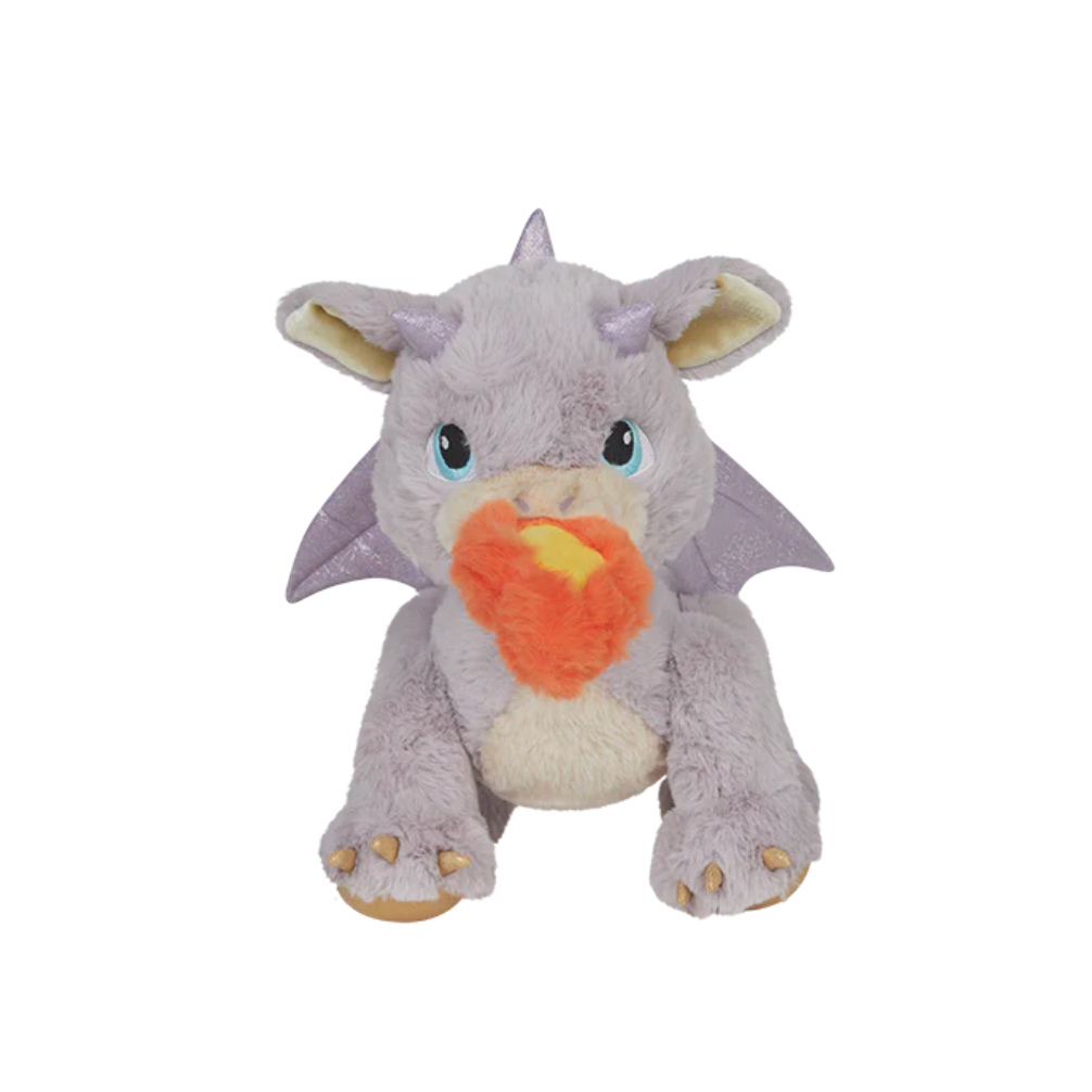 Plush toy dragon with a heart-shaped mouth on a white background