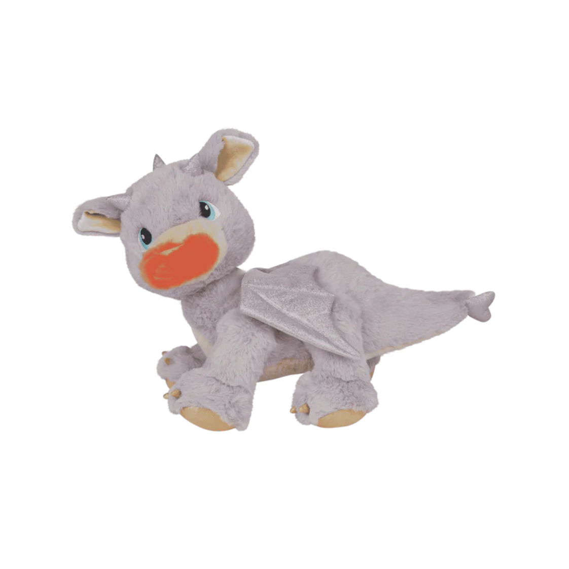 lavendar plush toy with orange fire on a white background