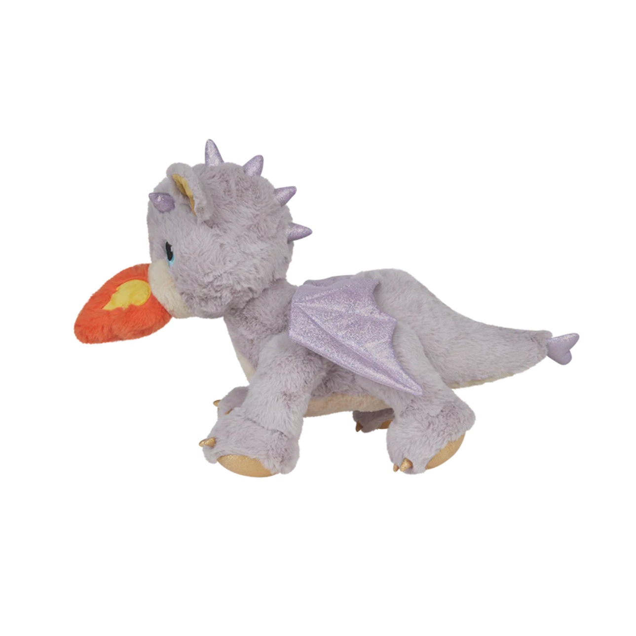Plush dragon toy with lavender cape on a white background