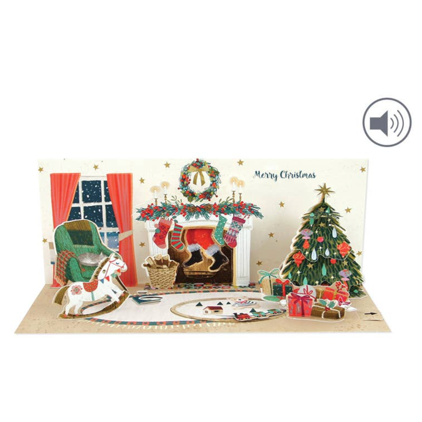 Christmas-themed pop-up card with a fireplace, tree, and presents 