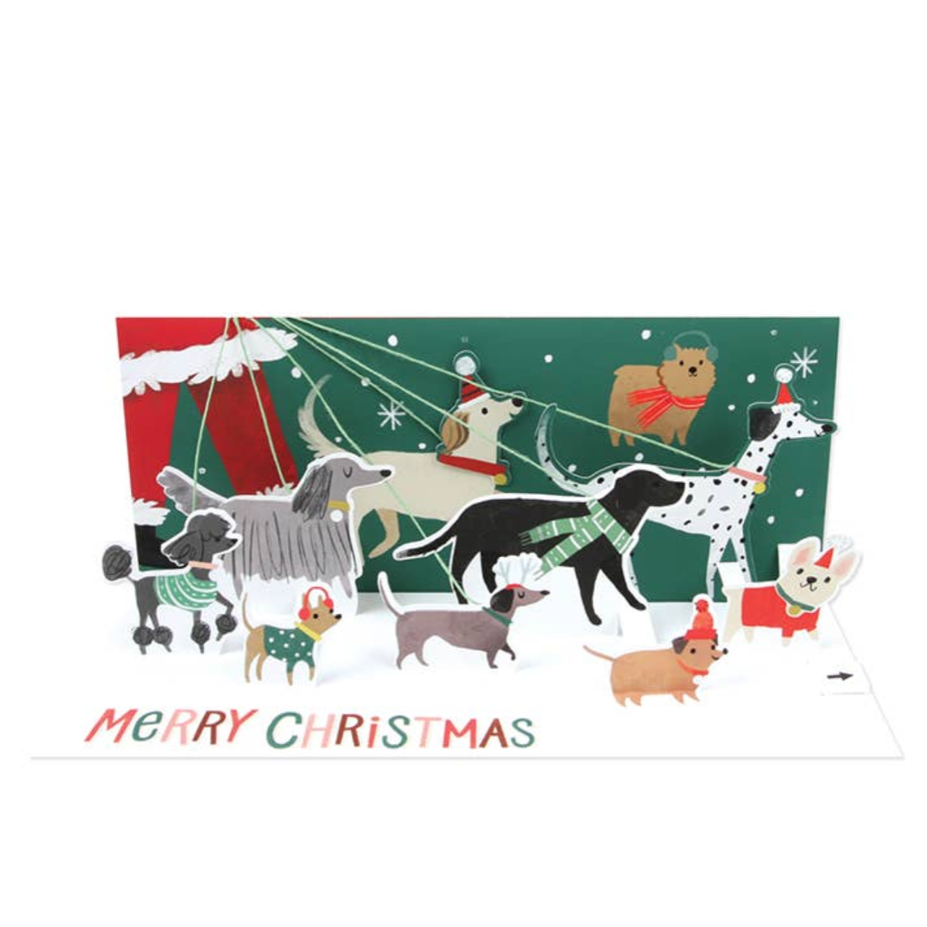 Christmas-themed illustration of dogs with a green background and 'Merry Christmas' text.