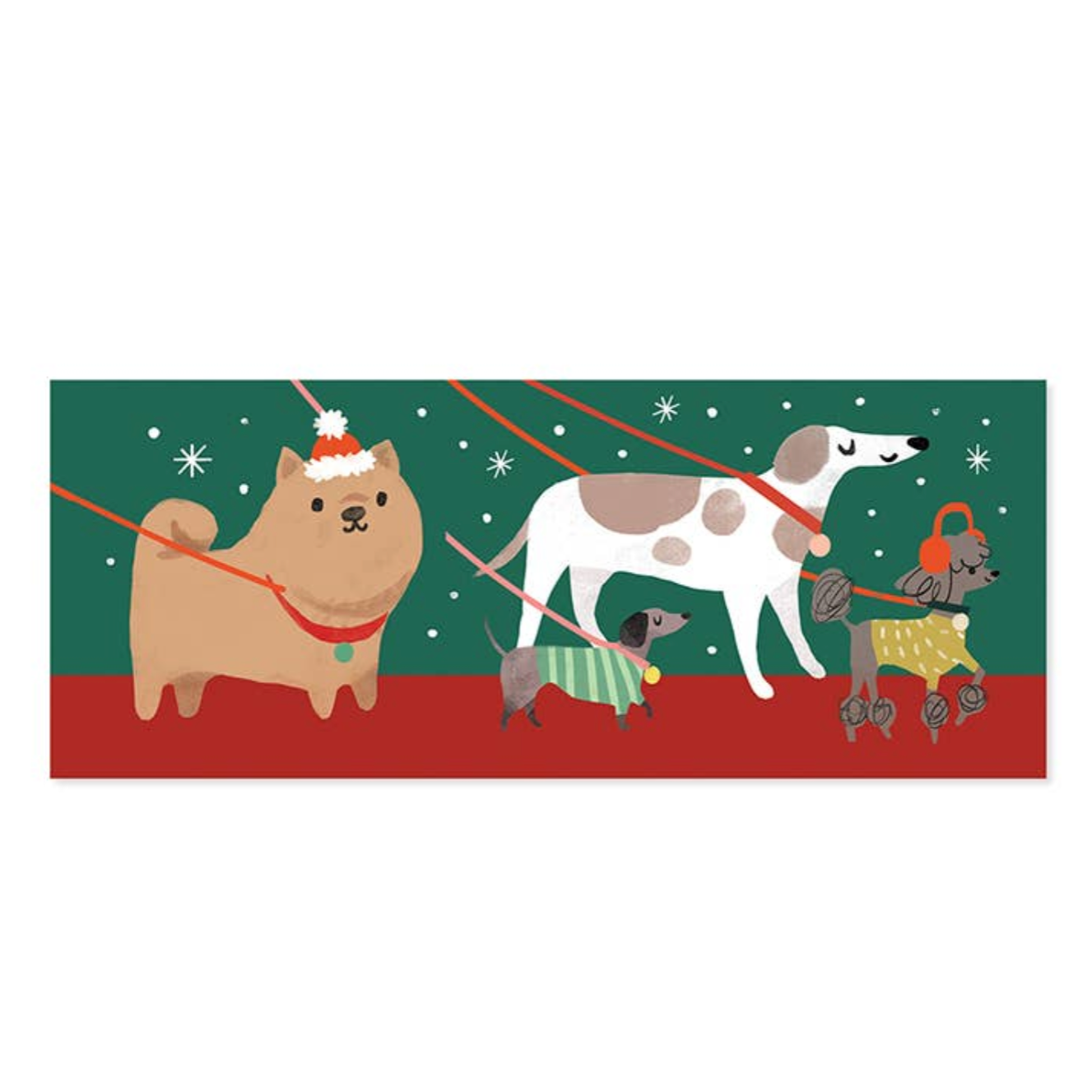 Illustration of dogs on leashes with a green background