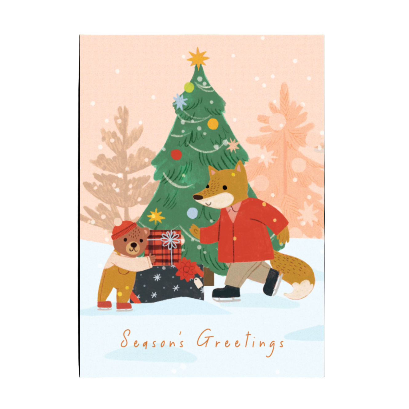 Illustration of a fox and bear with a Christmas tree 