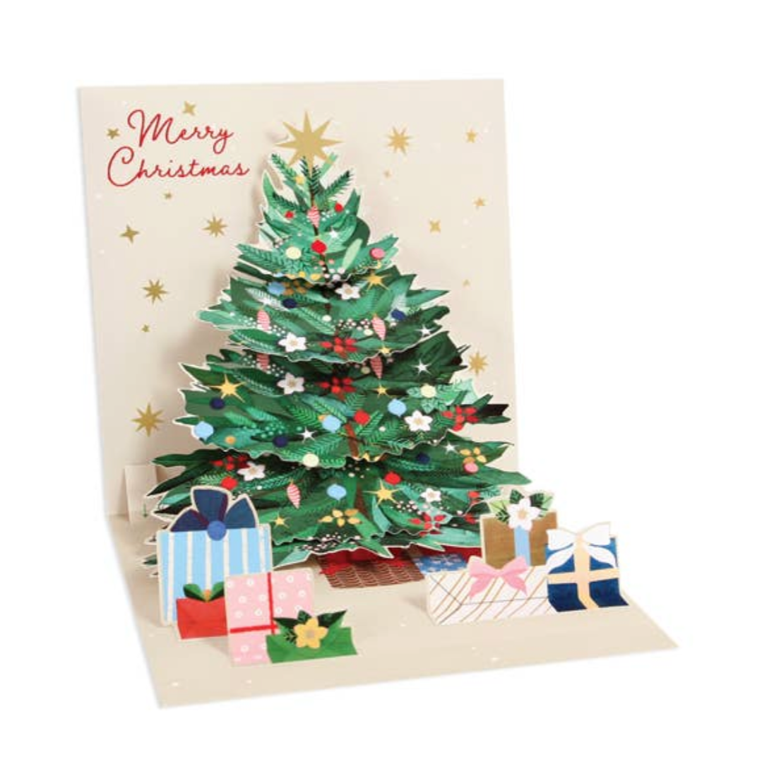 Christmas card with a 3D tree and presents