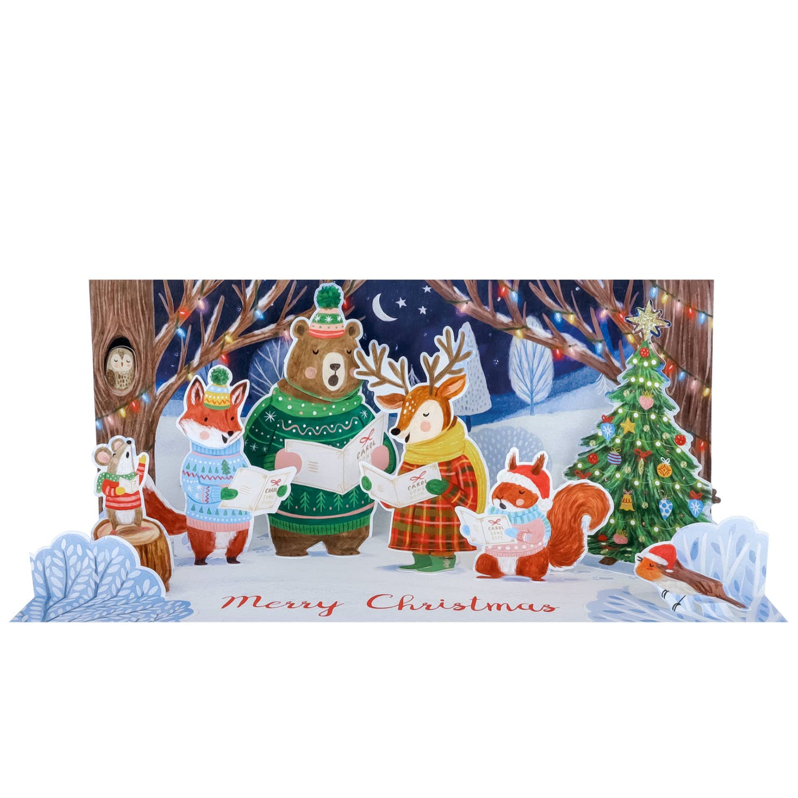 Computer screen with a Christmas-themed image of animals in a snowy scene.