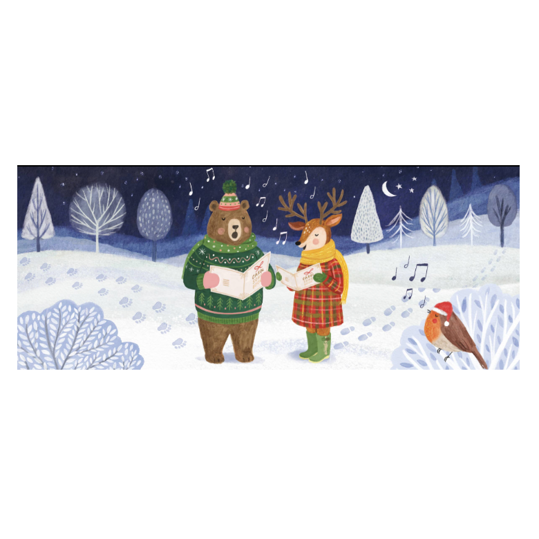 Winter scene with two characters singing in a snowy landscape