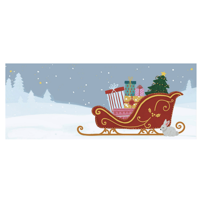 Sleigh with presents and a tree on a snowy landscape