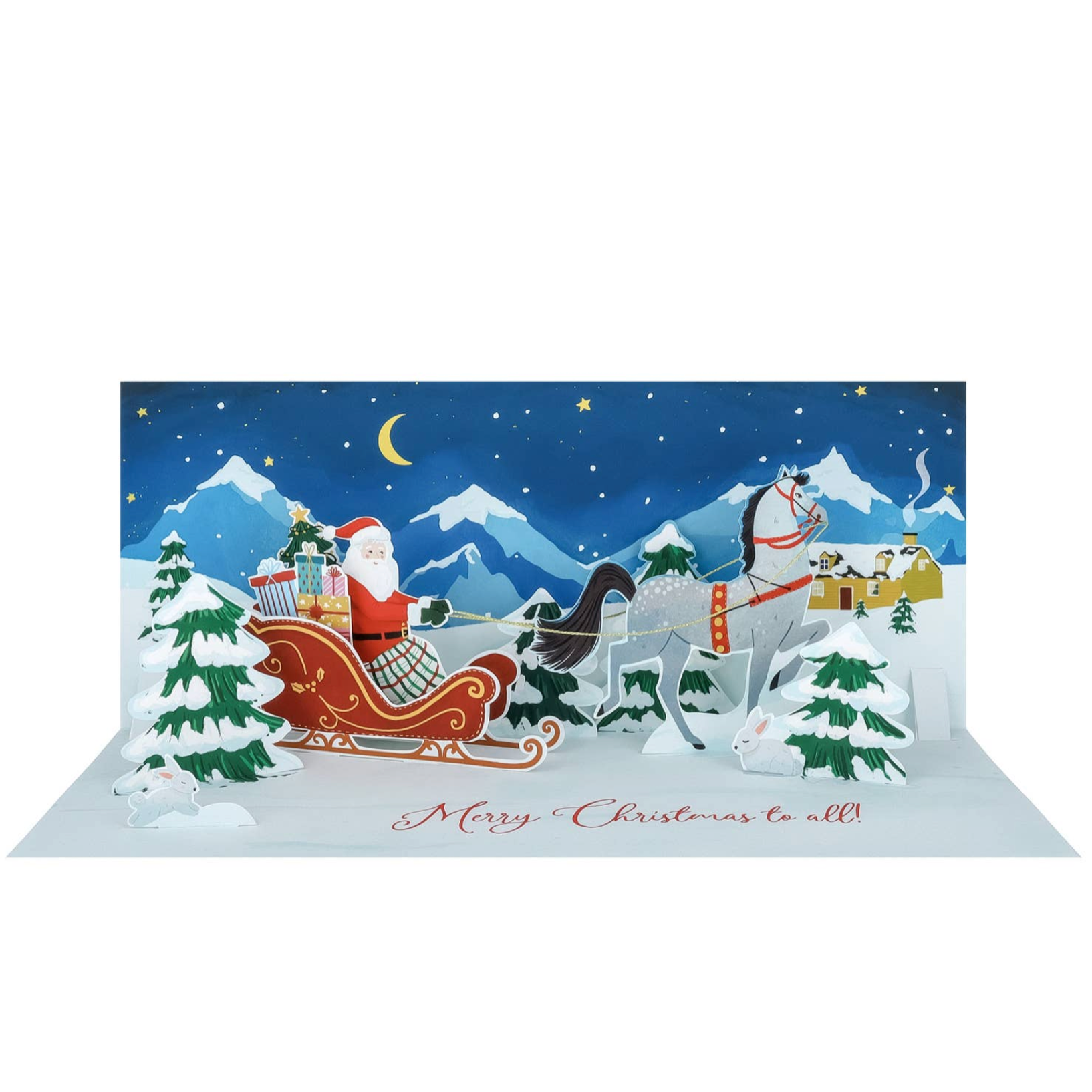 Christmas-themed graphic with Santa Claus on a sleigh in a snowy landscape
