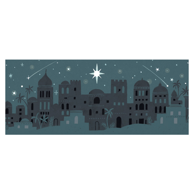 Illustration of a starry night sky with silhouettes of buildings on a white background