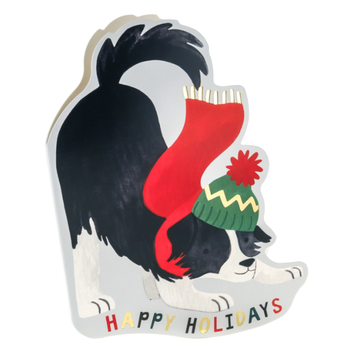 Decorative cutout of a rooster with a scarf and 'Happy Holidays' text on a white background.