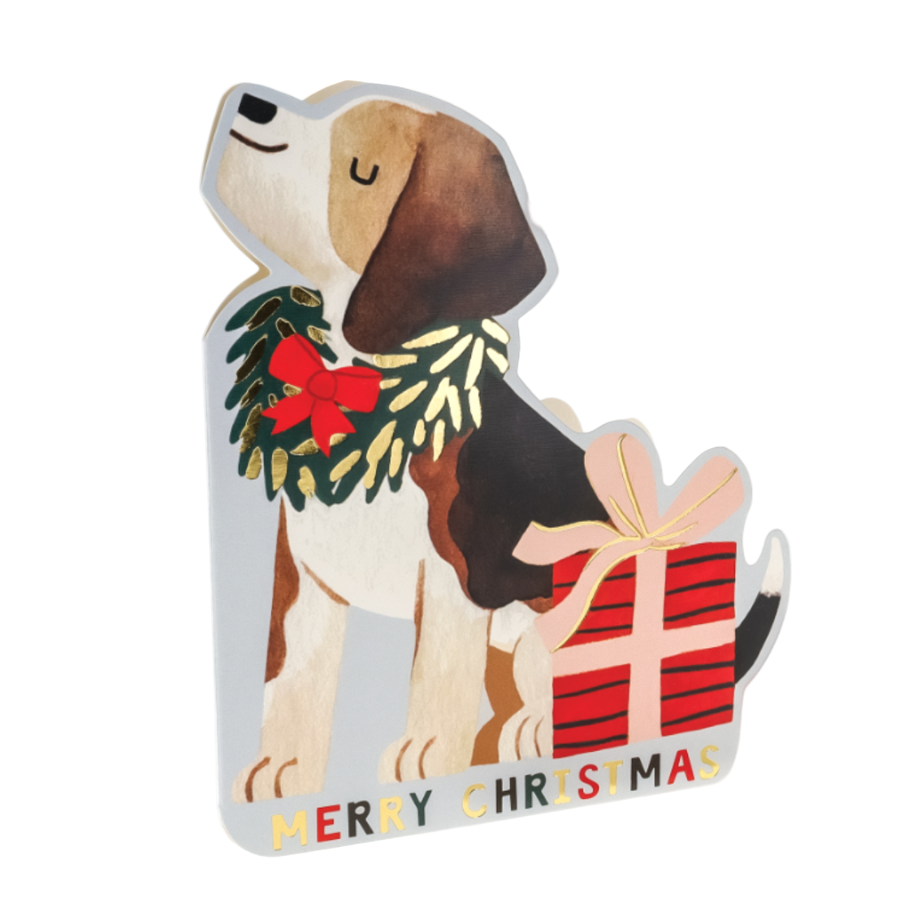 Christmas-themed dog decoration with a wreath and gift box on a white background