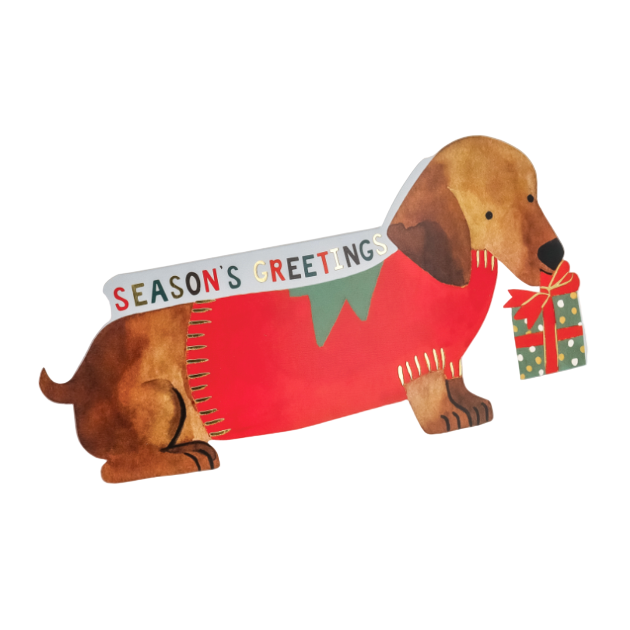 Christmas-themed dachshund-shaped card with a red sweater and gift box on a white background.