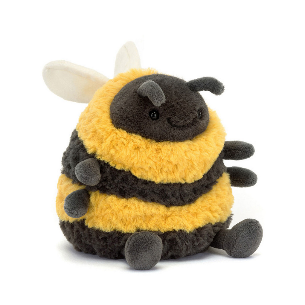 Plush bee toy with 'Albee Bee' label on a white background