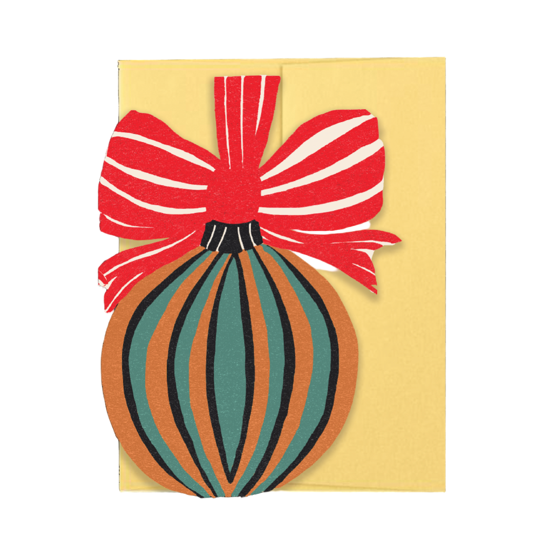 Decorative card with a striped ball and red bow on a beige background
