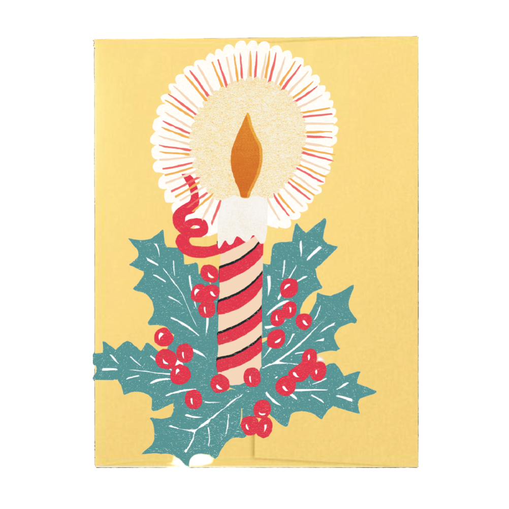 Decorative card with a candle and holly design on a transparent background