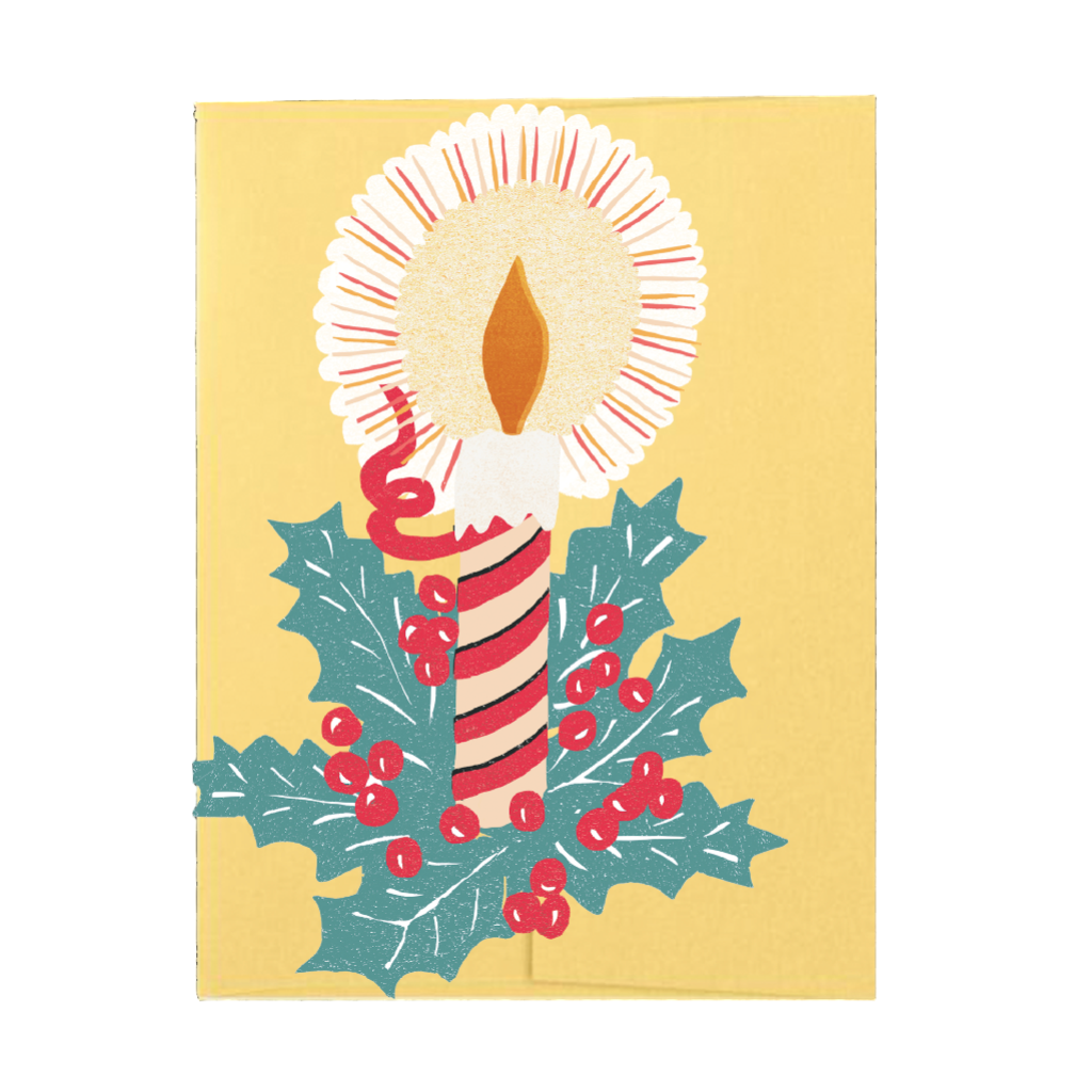Decorative card with a candle and holly design on a yellow background