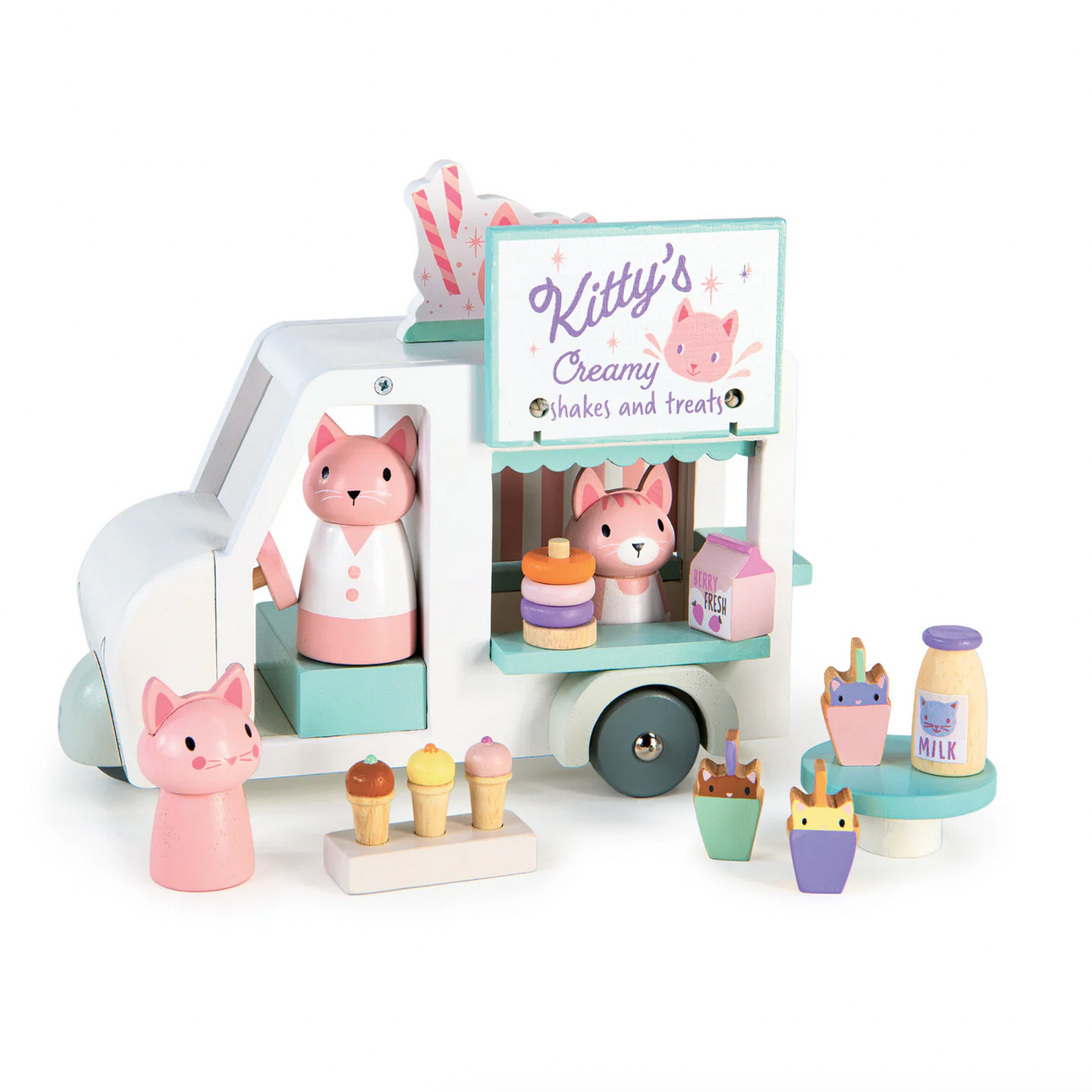 Toy milkshake van with pink cat characters and ice cream toys on a white background