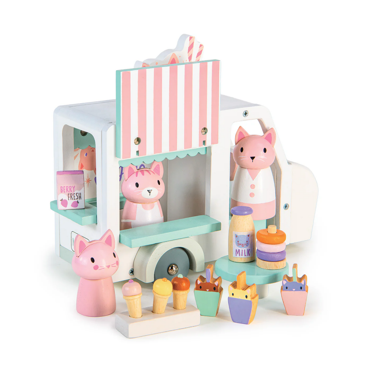 Pastel-colored toy set with a pink cat character and various small items on a white background.