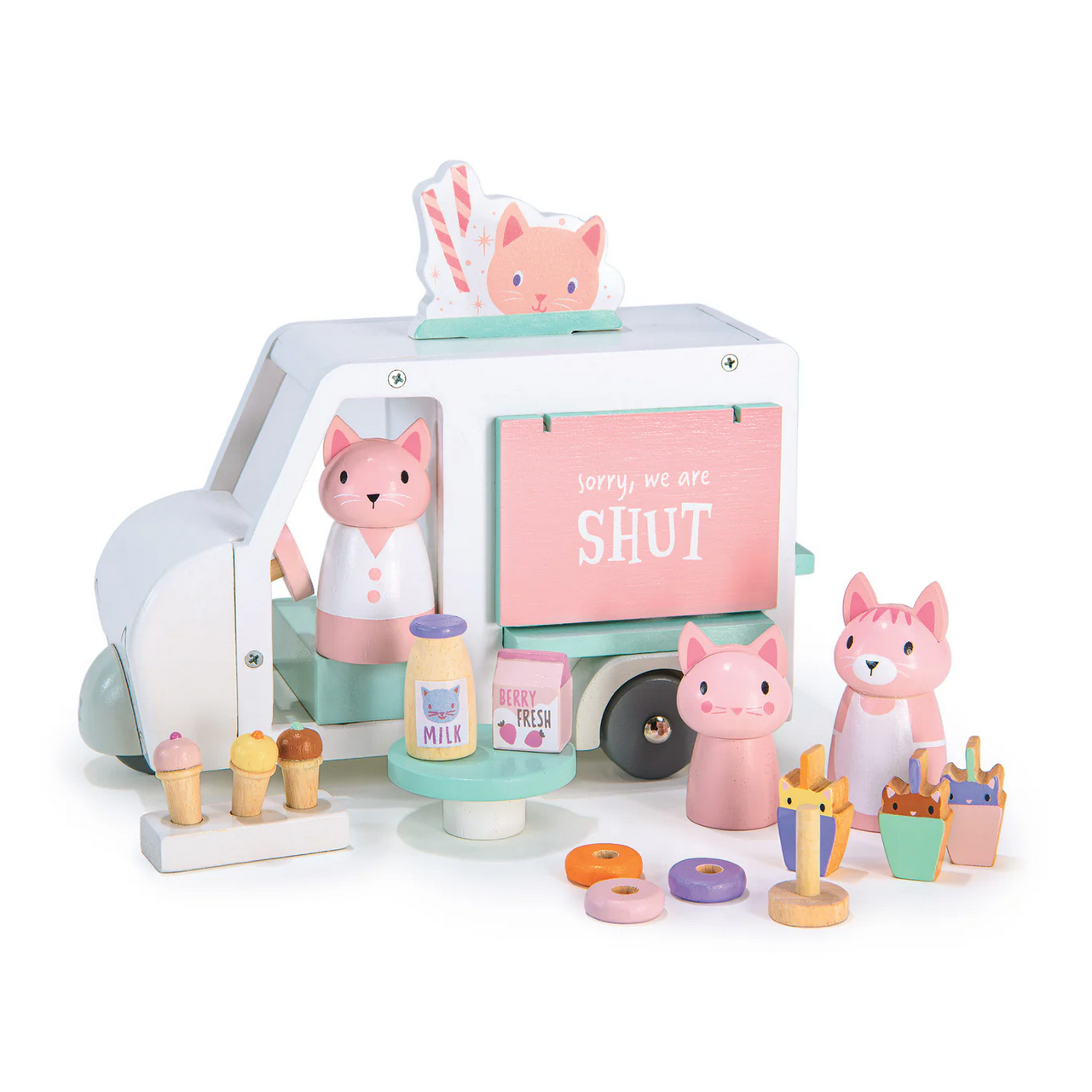 Toy ice cream truck with pink cat figures on a white background