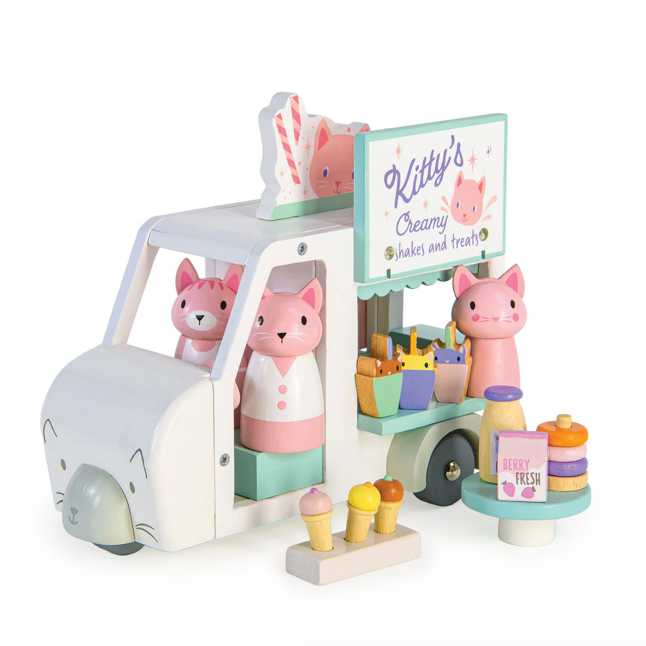 Toy ice cream truck set with pink fox characters on a white background