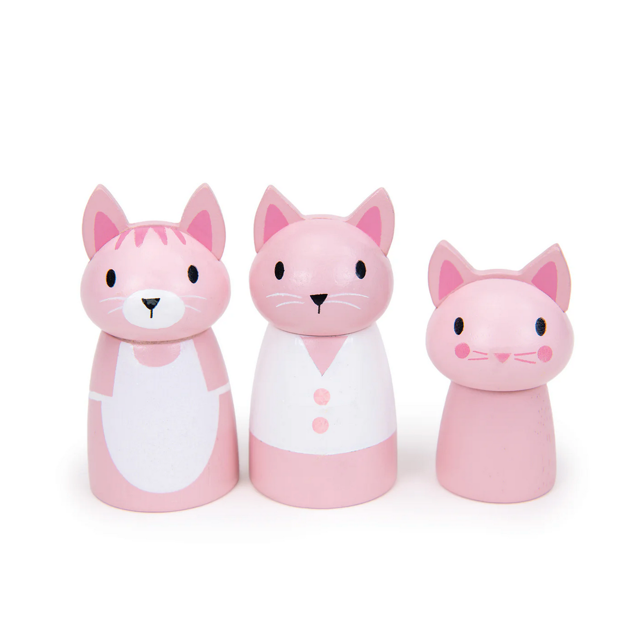 Three pink cat-shaped toys on a white background