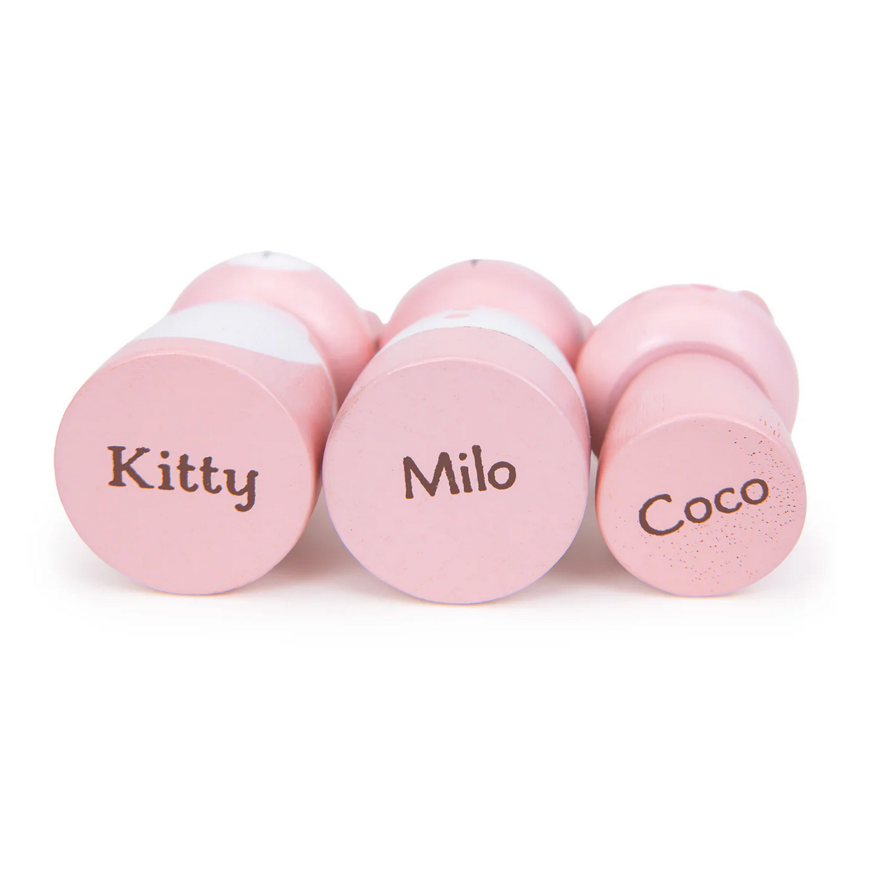 Three pink dumbbells labeled 'Kitty', 'Milo', and 'Coco' on a white background.
