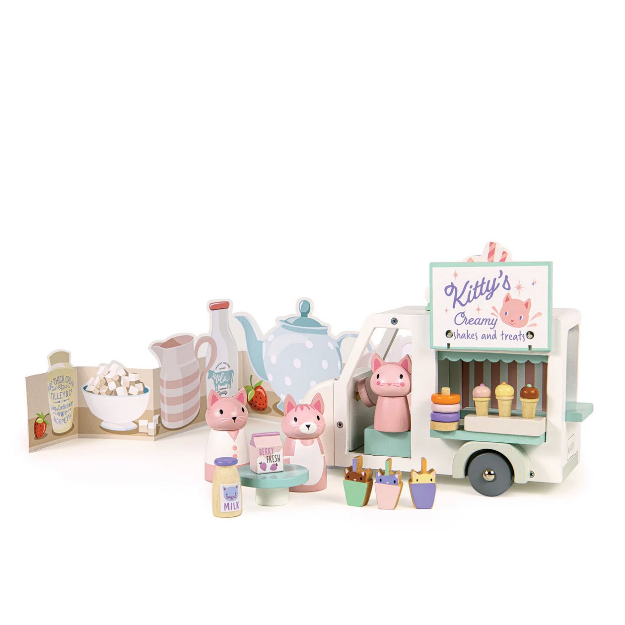 Children's toy set with a cleaning truck and various toys on a white background