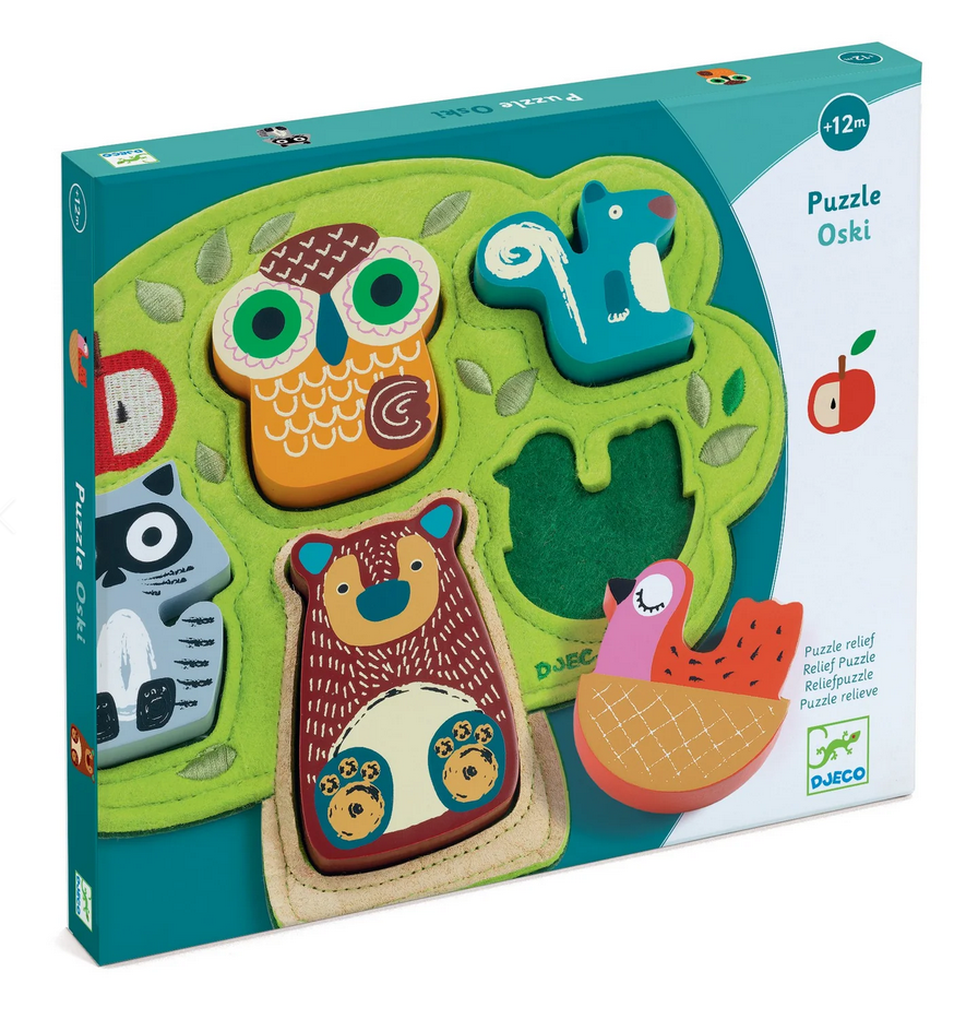 Wooden puzzle with animal shapes on a colorful packaging