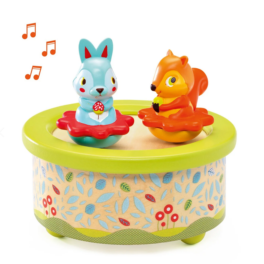 Toy with a blue rabbit and orange squirrel on top of a floral-patterned base