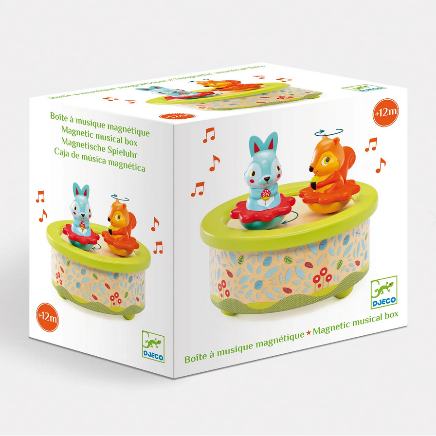 Box of a magnetic musical box with animal figures on a white background
