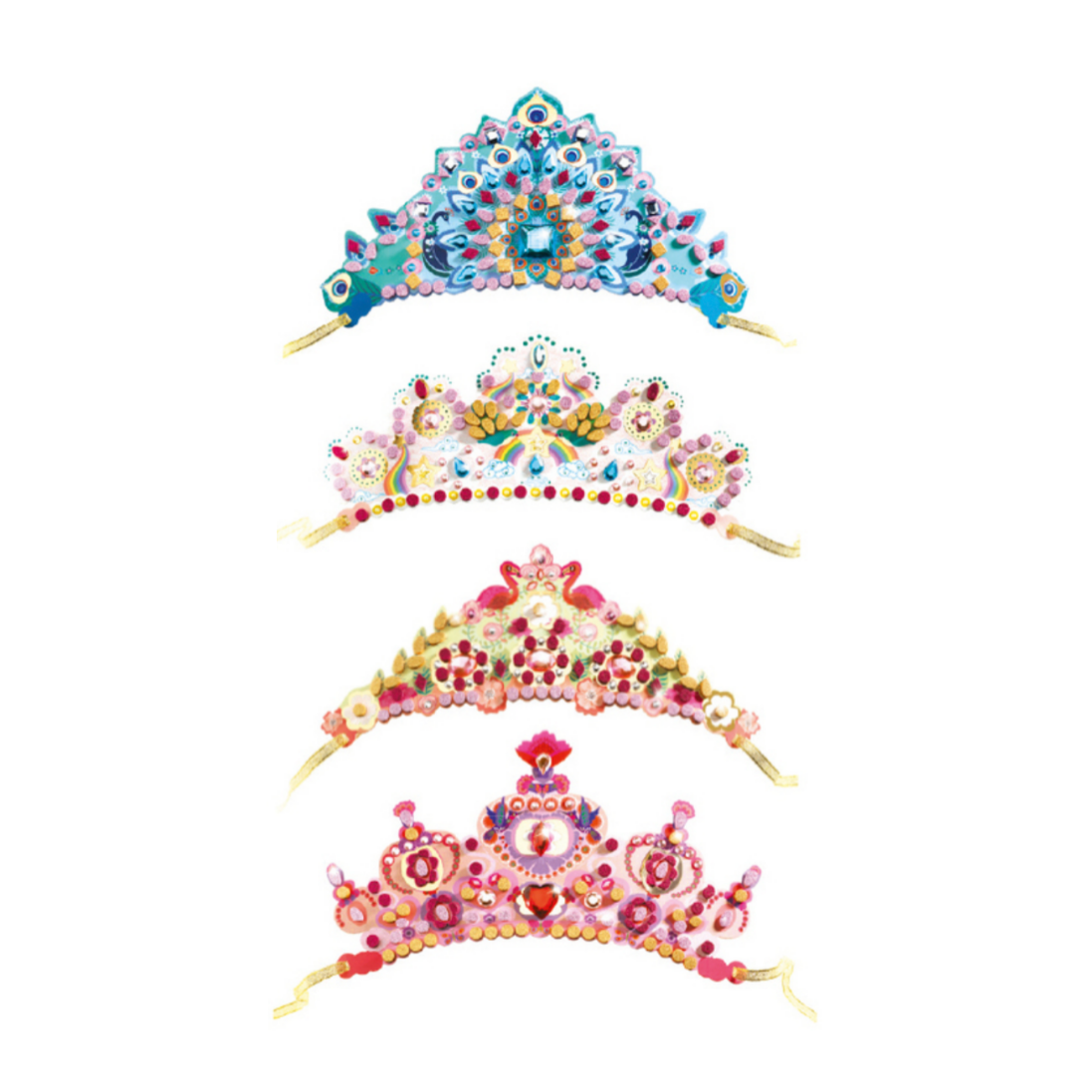 Three colorful tiaras on a white background with a screenshot of a person in the corner.