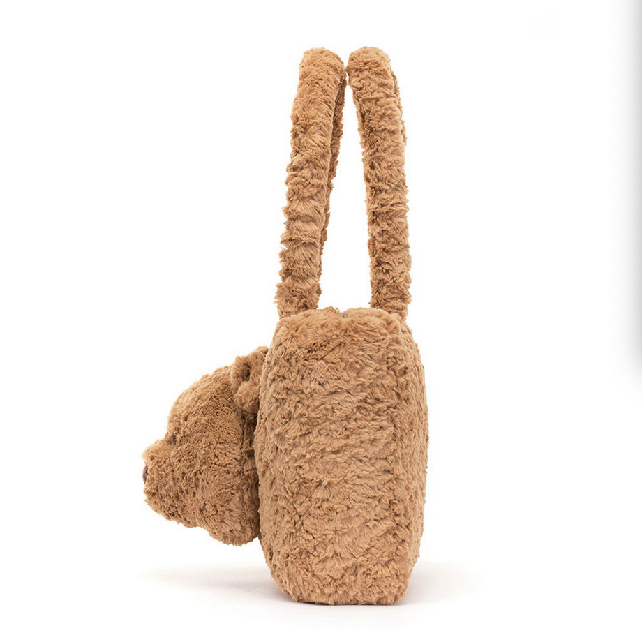 Brown teddy bear tote bag on a white background with product details below.