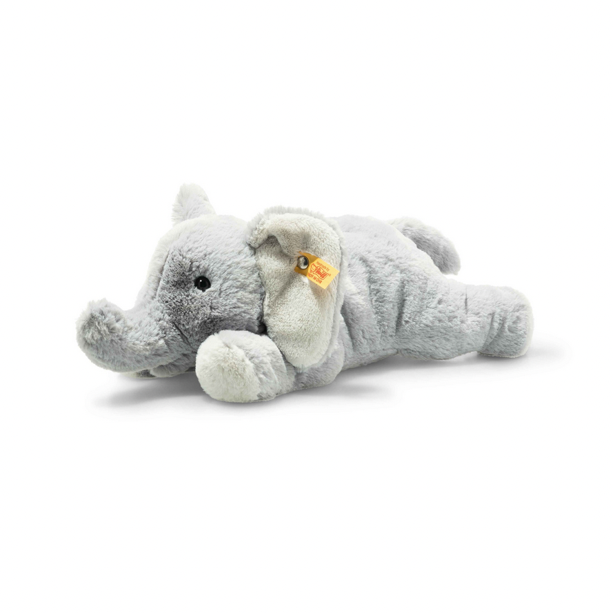 Gray stuffed elephant toy on a white background