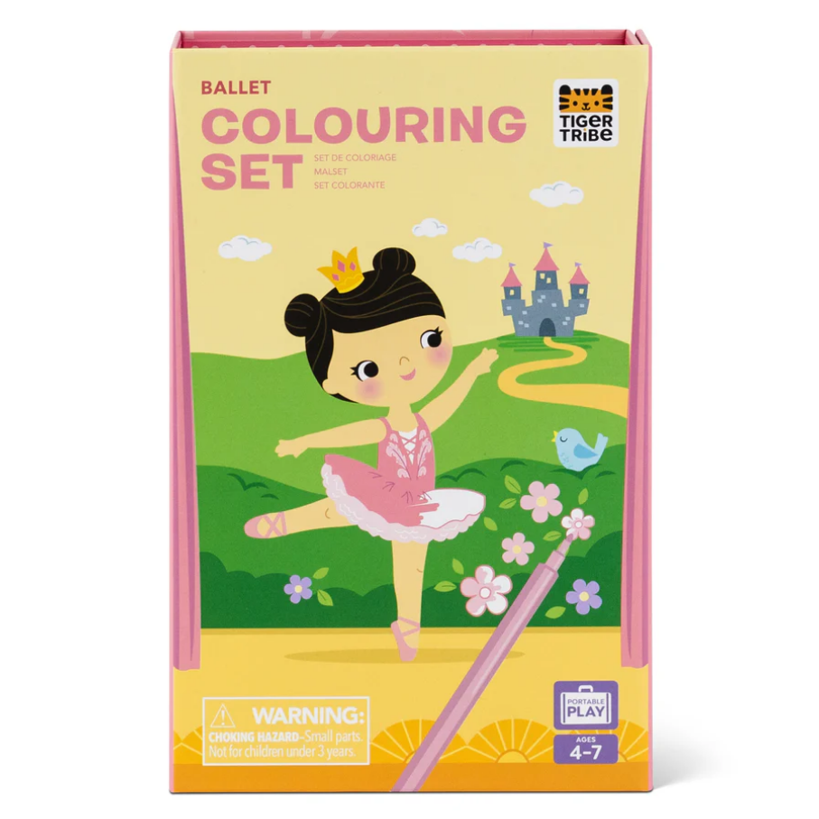 Ballet-themed colouring set packaging with a cartoon ballerina on a yellow background