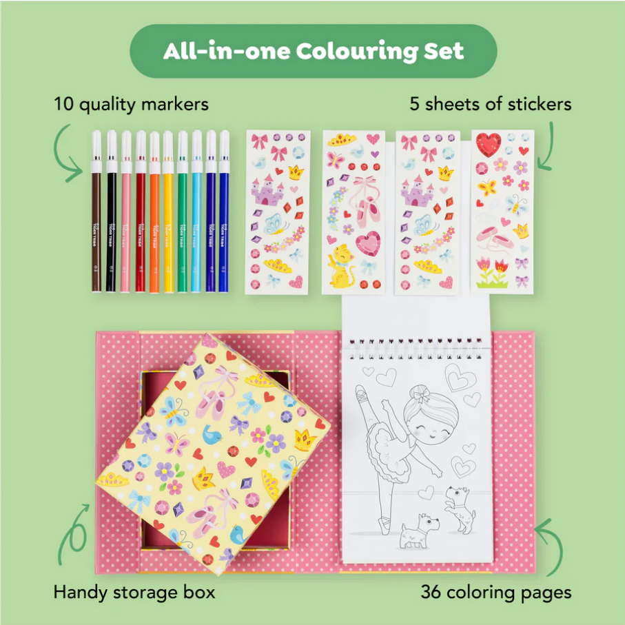 All-in-one colouring set with markers, stickers, coloring pages, and storage box on a green background