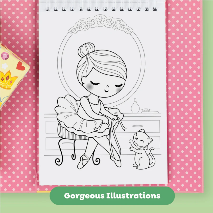Coloring book page with a ballerina illustration on a pink polka dot background