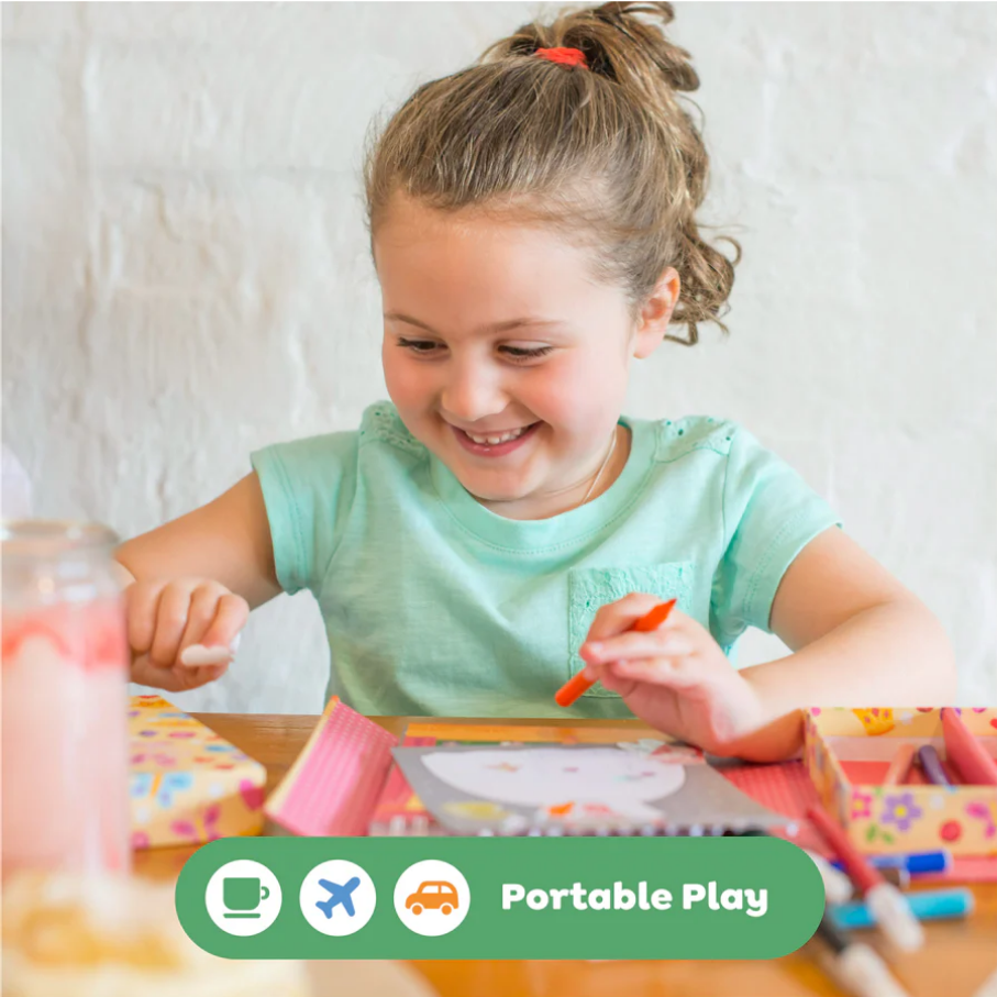 Young girl coloring with crayons at a table, with 'Portable Play' iconography at the bottom.