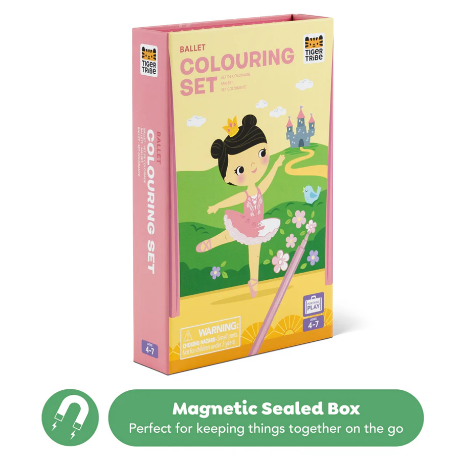 Colouring set packaging with a cartoon ballerina on a white background
