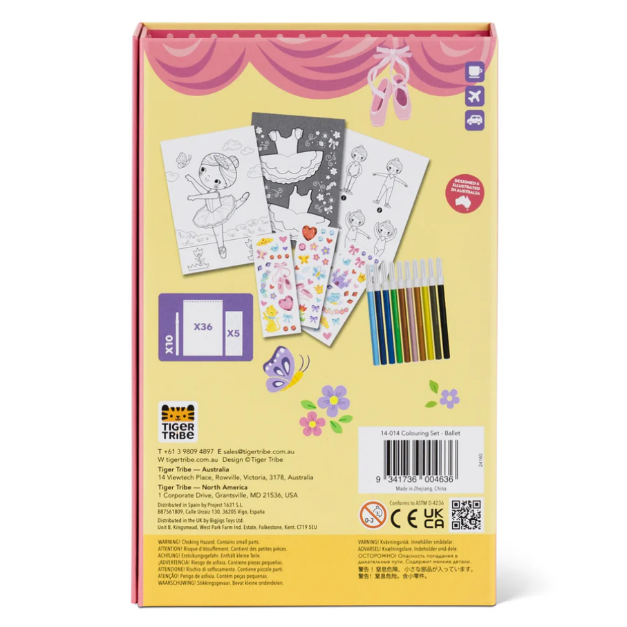 Coloring set packaging with illustrations of coloring pages and markers on a yellow background