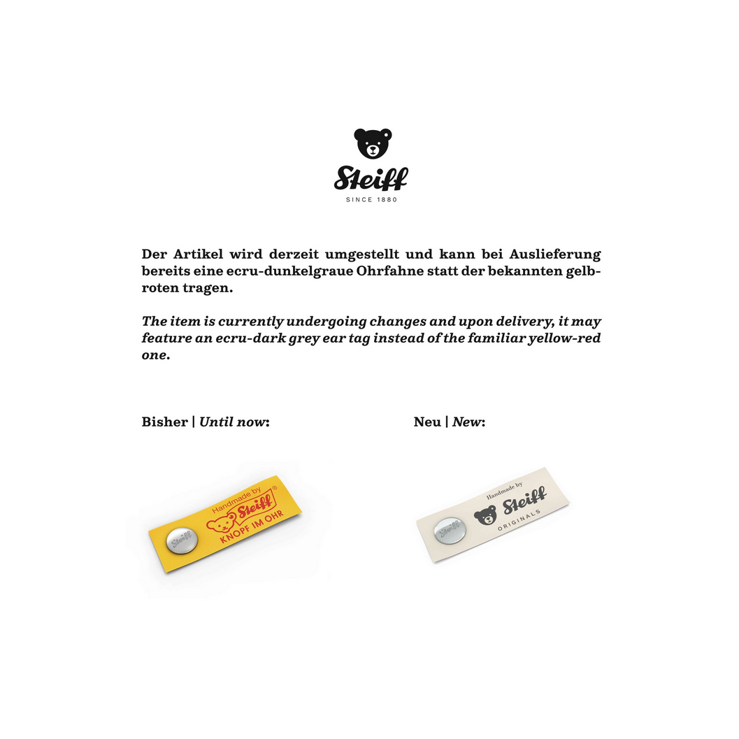 Steiff tag change announcement with old and new tag designs on a white background