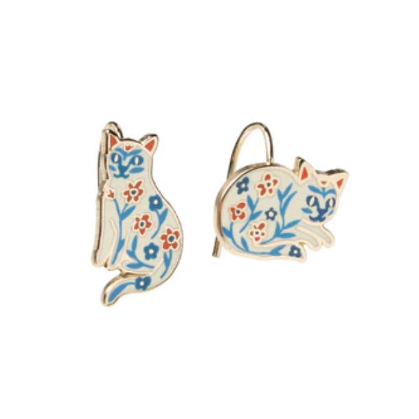 Cat-shaped earrings with floral designs on a white background