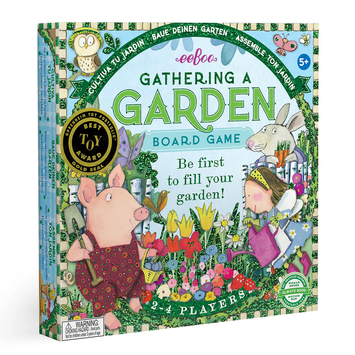 Board game box titled 'Gathering a Garden' with cartoon characters and garden scene on a white background.