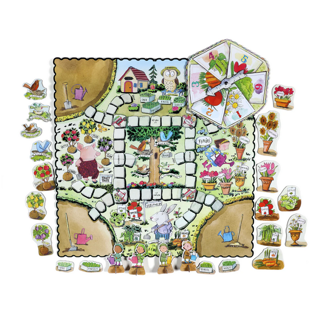 Illustrated garden scene with various gardening elements on a white background