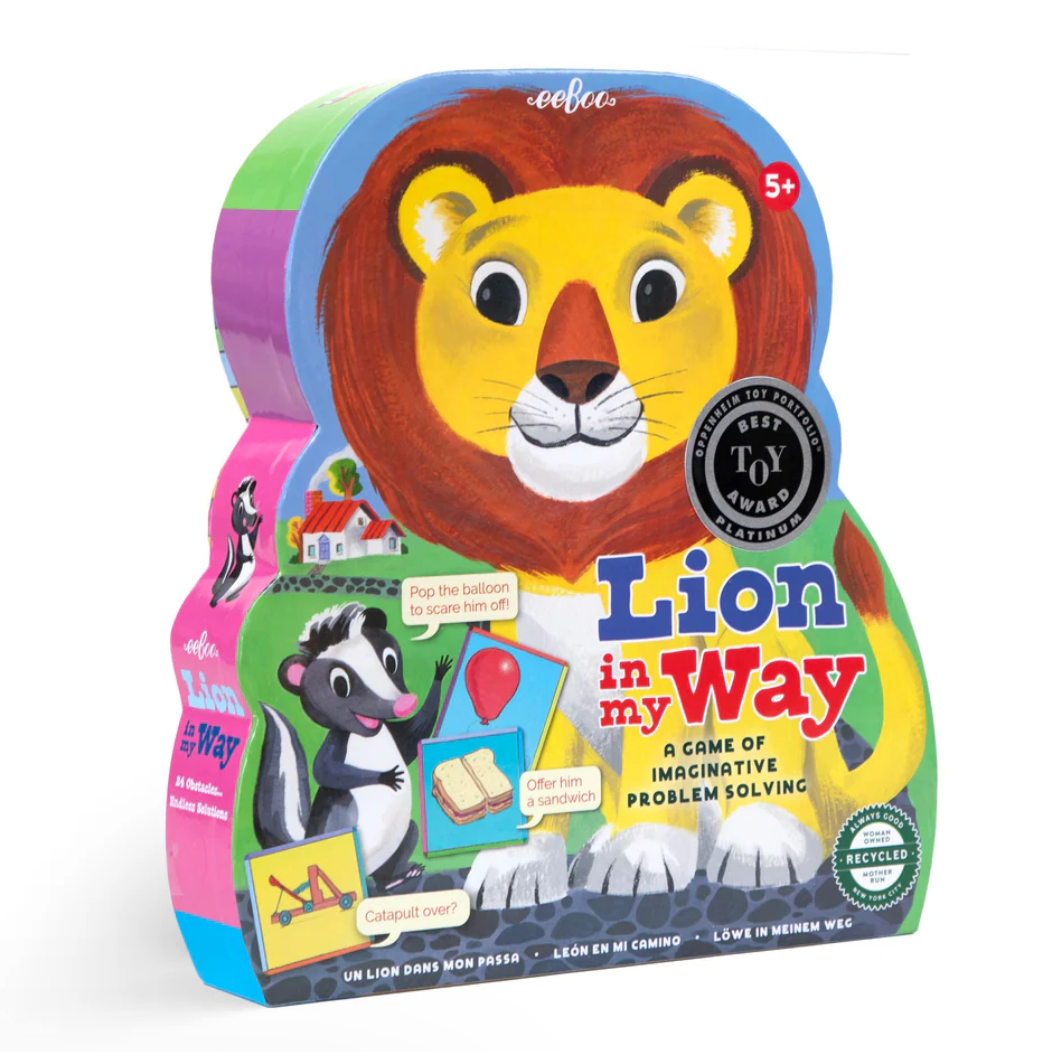 Children's educational game box with a lion illustration on a white background