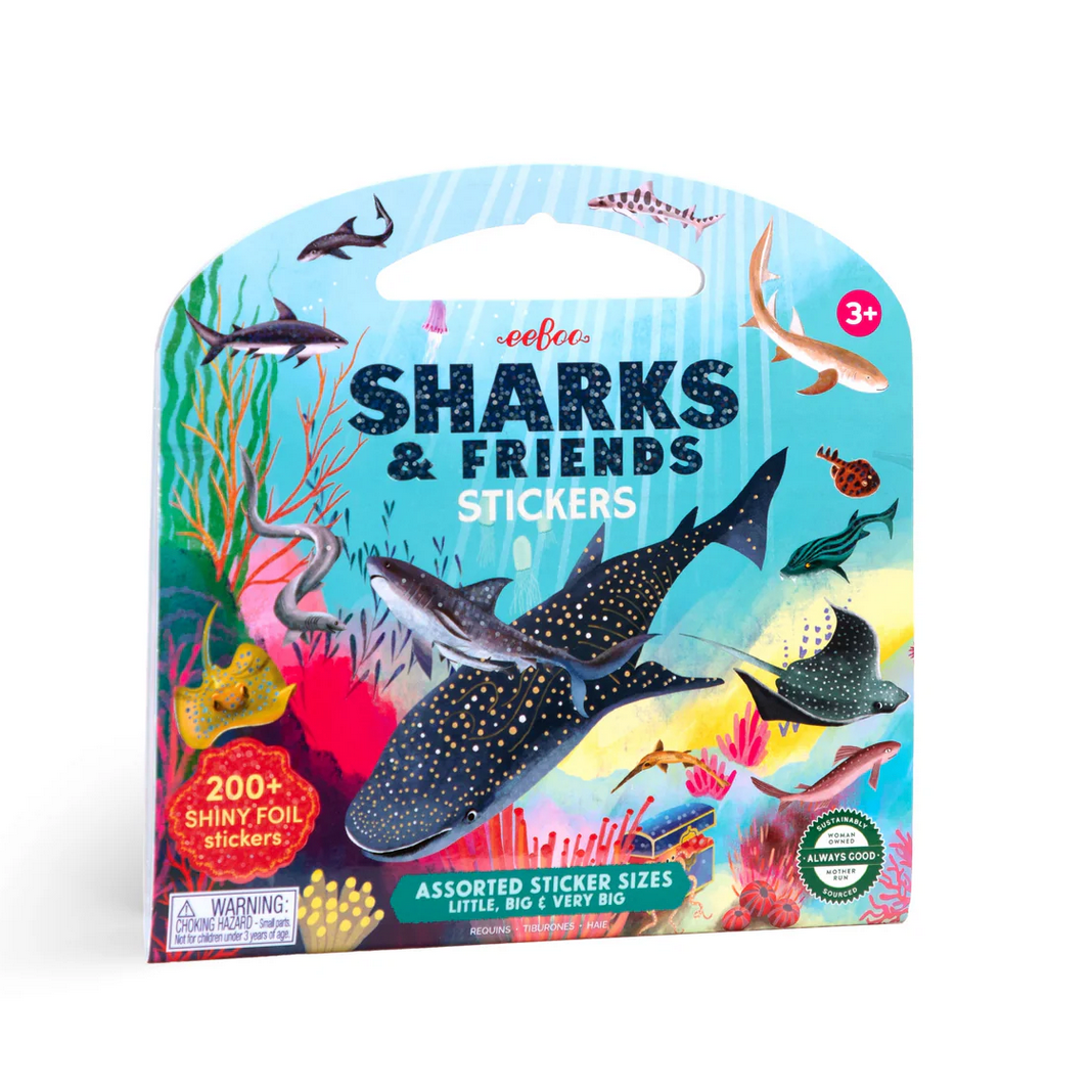 Packaging of 'Sharks & Friends' stickers with colorful design and eeBoo branding.