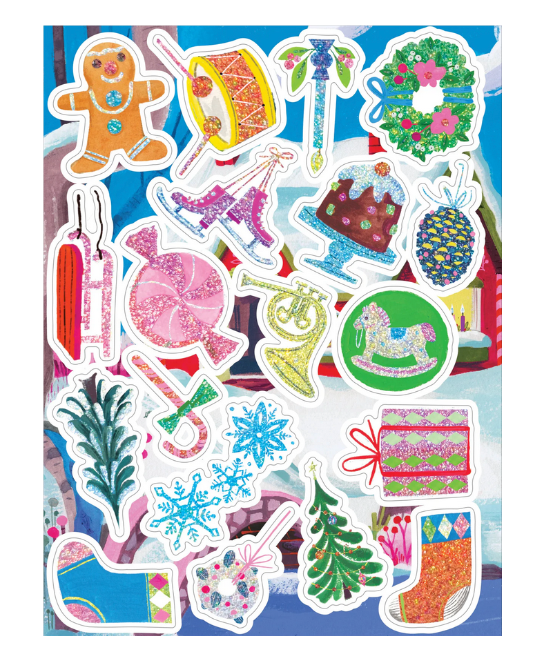 Collection of colorful Christmas-themed stickers on a blue background