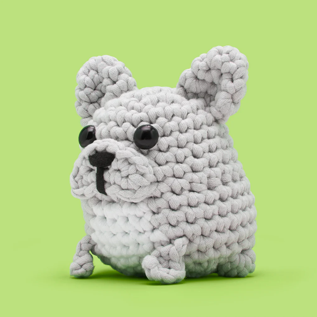 Crocheted dog toy on a green background